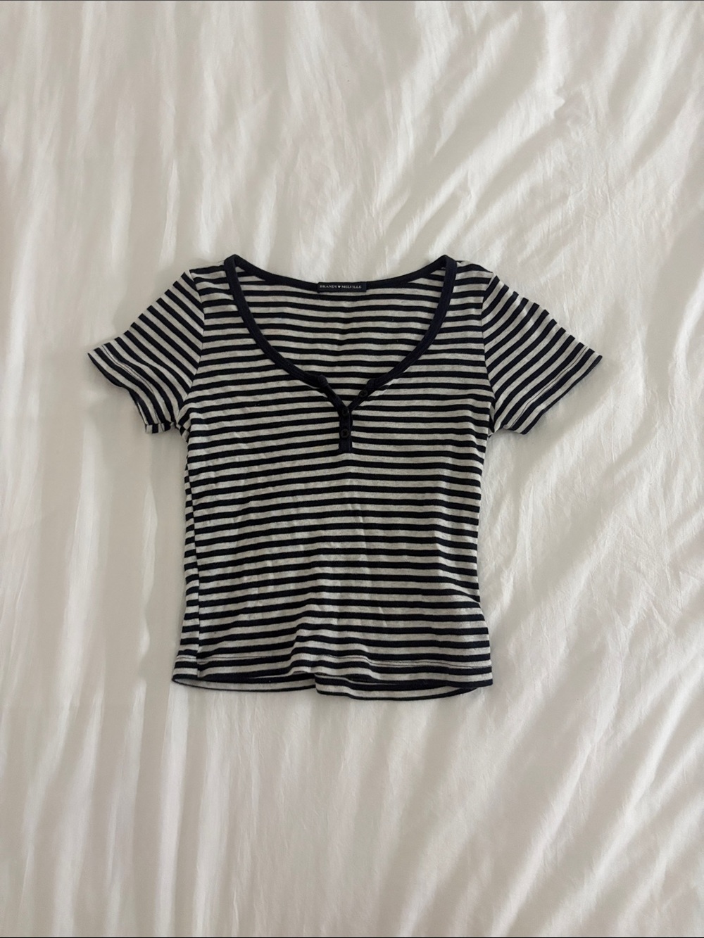 Brandy Melville Black & White Striped Scoop Henley Tee